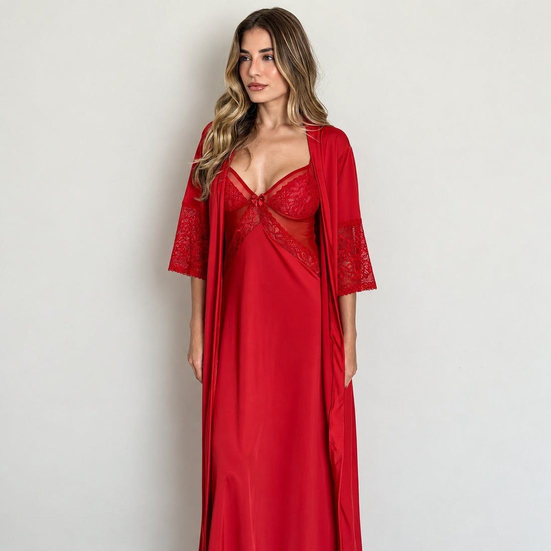 Kit Camisola Longa + Robe Longo Altiê em Renda e Tule | Poliéster Premium - Altiê Intimate