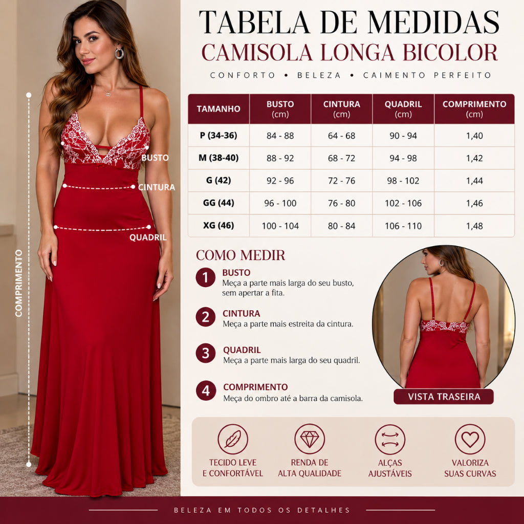 Camisola Longa Feminina Bicolor com Renda e Alças Finas - Altiê Intimate