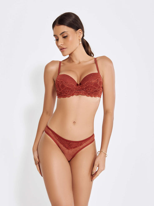Conjunto Lingerie Transparente renda poá sexy cor Telha - Altiê Intimate