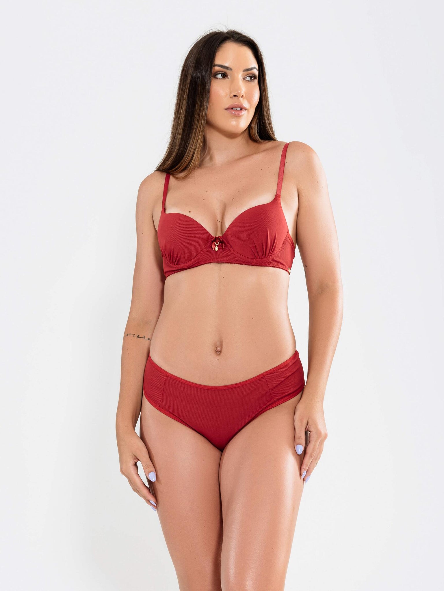 Conjunto Lingerie Calcinha Fio Duplo Sutia Canelado Pingente-VERMELHO