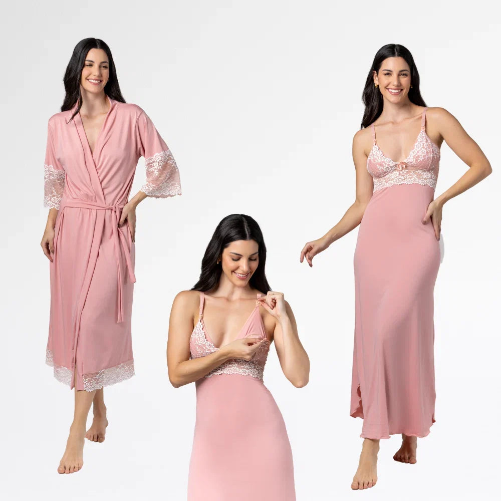 Kit Robe Longo com Camisola Bicolor Amamentação - Altiê Intimate