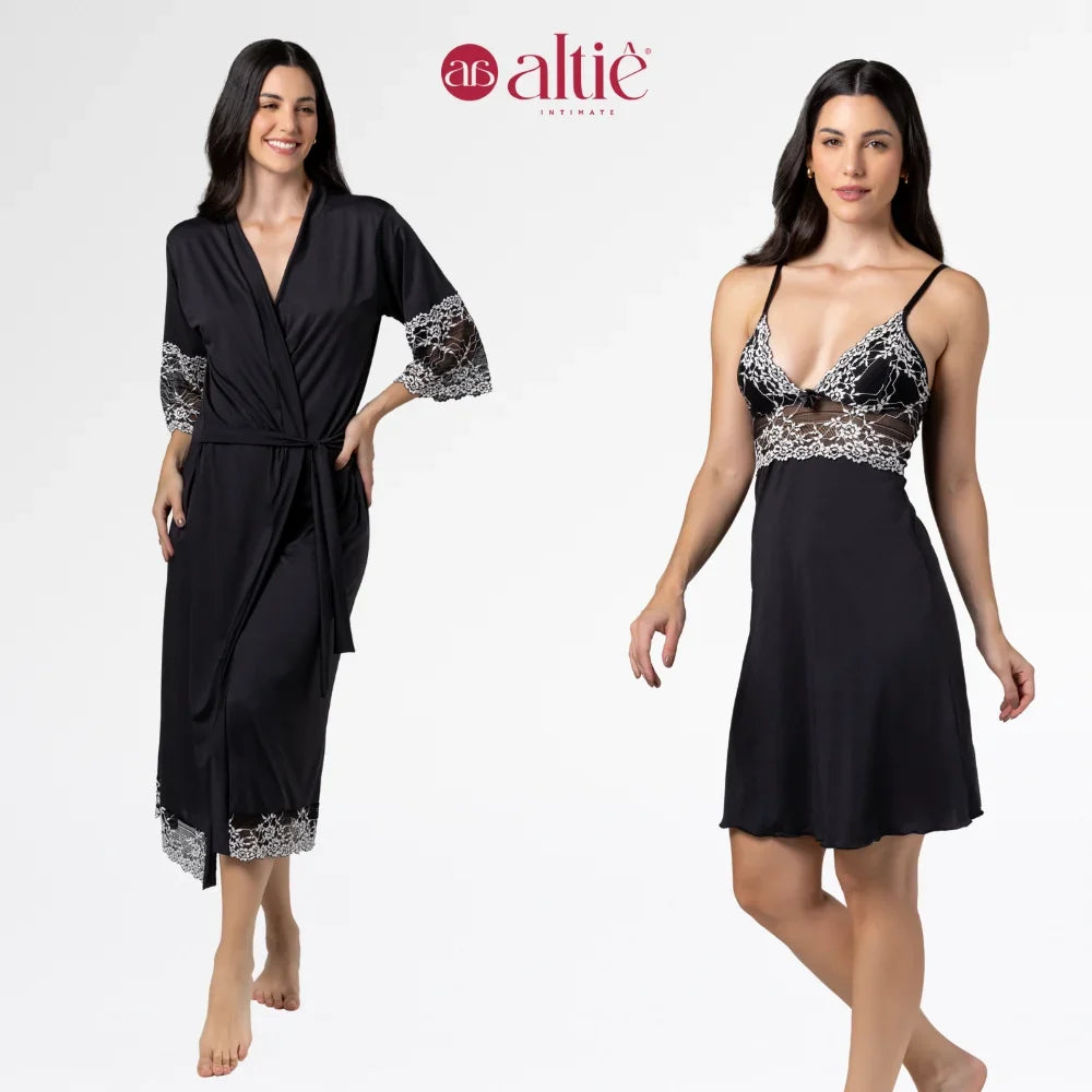 Kit Robe Longo com Camisola Curta Bicolor tecido macio para noite - Altiê Intimate